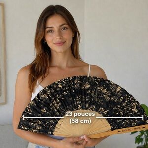 Large 23” Folding Fan Playa Del Carmen Black Gold Bamboo NEW